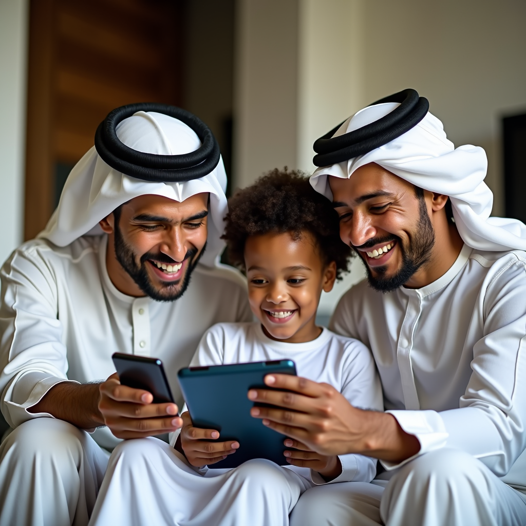 Happy Omani family using smartphones together at home, smiling while browsing mobile plans on tablets, modern living room with natural lighting, showing connectivity and family bonding, professional lifestyle photography