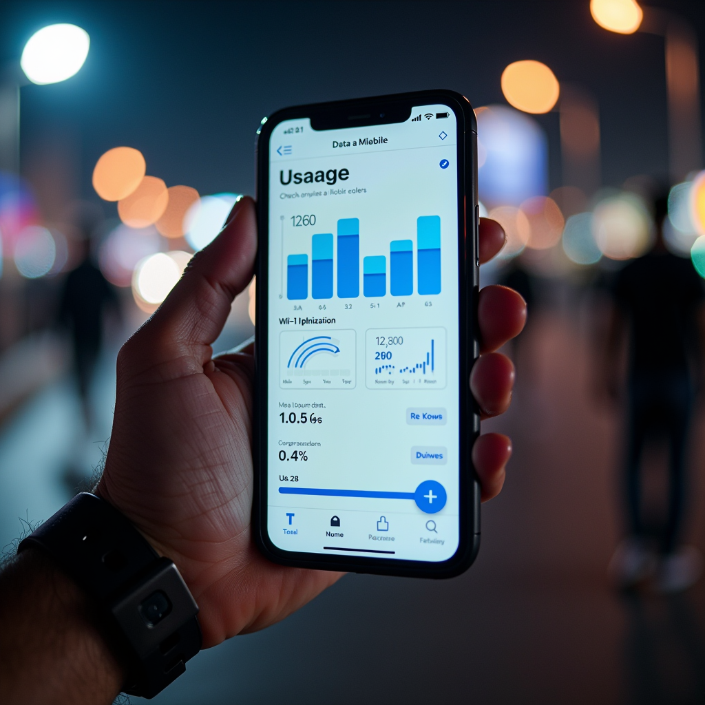 Smartphone screen showing data usage monitoring app with graphs and statistics, Omani user checking mobile data consumption on their device, Wi-Fi optimization settings interface