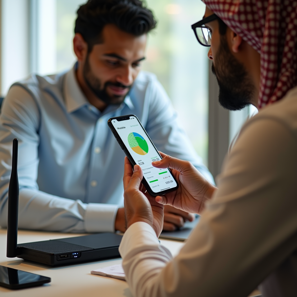 Omani person checking smartphone data usage app with Wi-Fi router and mobile device on desk in modern home office setting