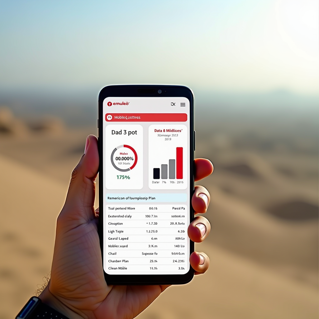 Modern smartphone displaying mobile plan comparison charts and data usage statistics on screen, with Omani landscape in soft focus background, professional product photography style
