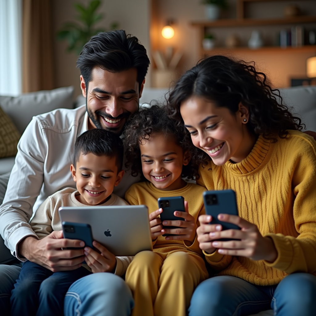 Happy Omani family of four sitting together on a couch, parents and two children all using smartphones and tablets, smiling and engaged, modern living room with warm lighting, representing family connectivity and shared mobile plan benefits