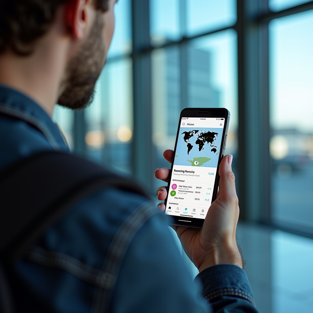 Traveler at airport holding smartphone with international roaming notification, world map showing roaming coverage areas, mobile phone displaying roaming rates and data packages