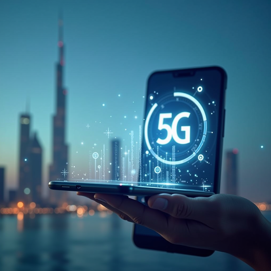 Modern 5G network tower in Muscat Oman skyline, smartphone displaying 5G connectivity icon with fast speed indicators, futuristic 5G technology visualization with Omani landmarks